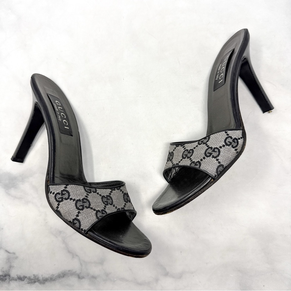 GUCCI Vintage 90s Y2K Monogram GG Leather Minimalist Slide Mule Sandal Heels 9.5 - Picture 2 of 16